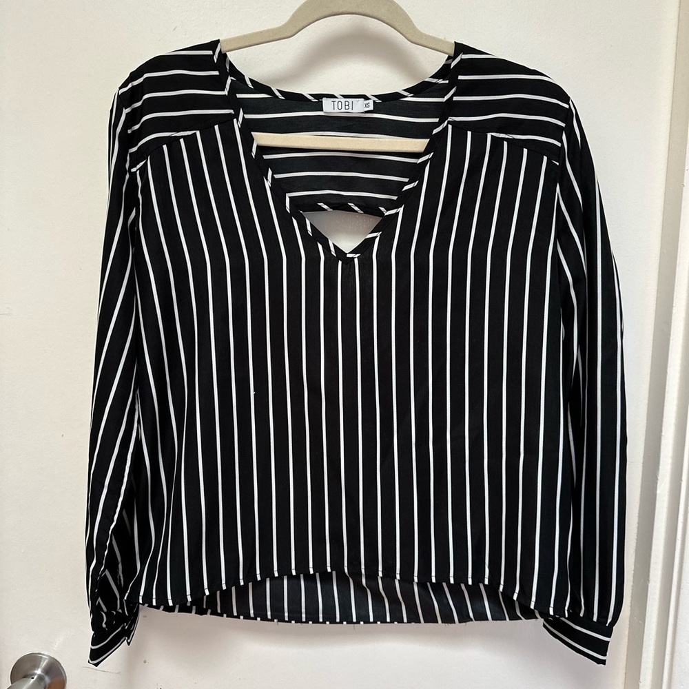 Striped v neck cut out back blouse